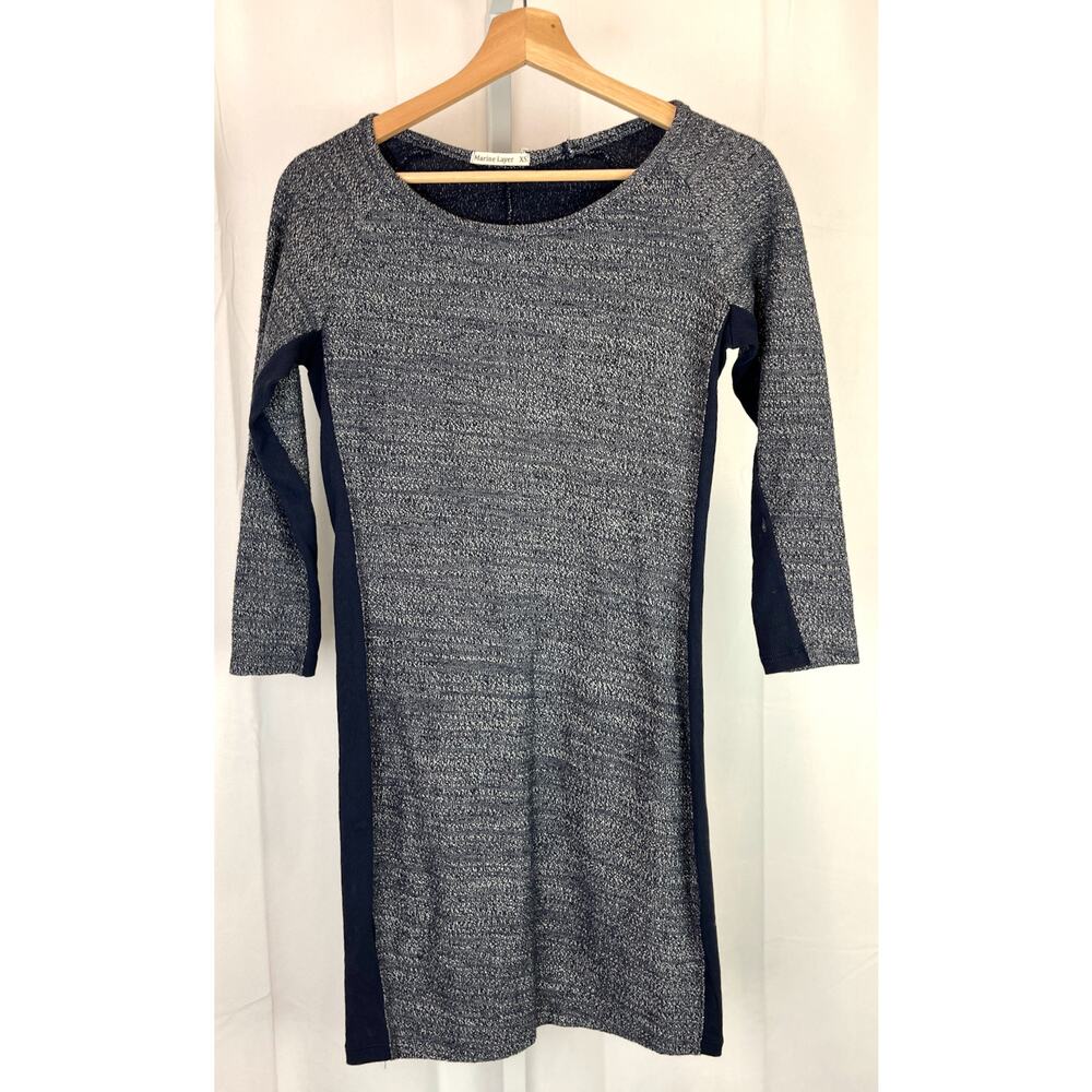 MARINE LAYER Size XS 3/4 Sleeve Stretch Knit Side Stripe Mini Dress Marled Blue